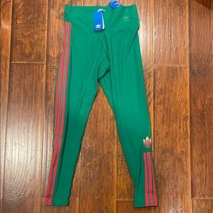Adidas Women's Green Leggings with Red Stripes